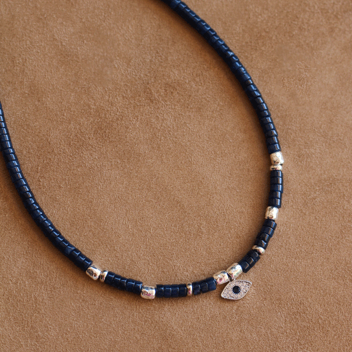 Collana Anima dell'Egeo - Realizzata a mano in giada zaffiro e occhio greco - Collezione World Tour