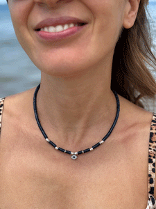 Collana Anima dell'Egeo - Realizzata a mano in giada zaffiro e occhio greco - Collezione World Tour