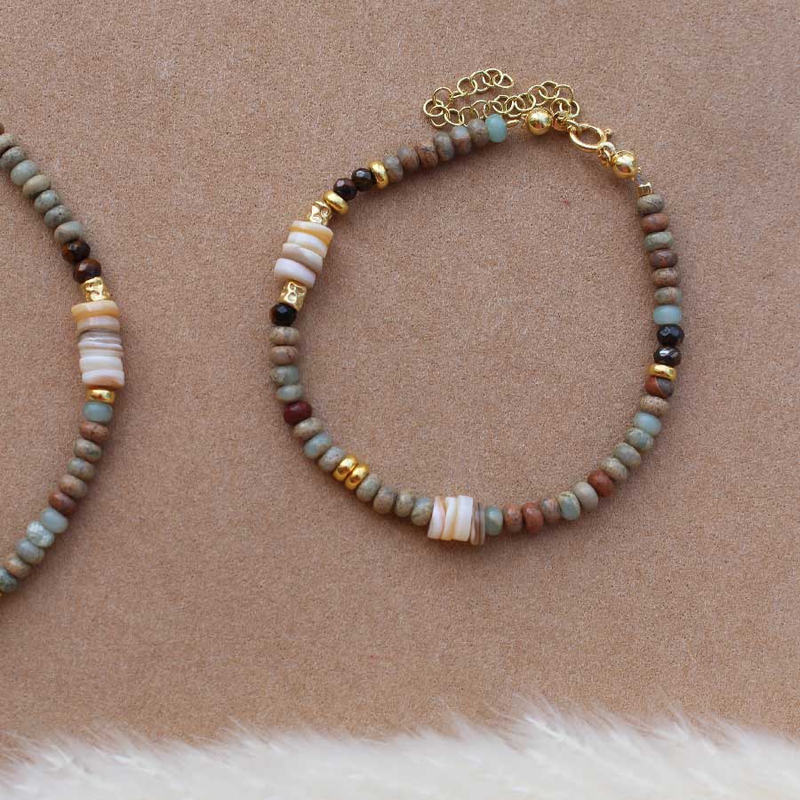 Bracciale Africa - Diaspro, occhio di tigre, madreperla e argento placcato oro - Collezione World Tour