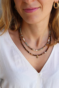 Collana Safari - Girocollo in occhio di tigre, madreperla e pendente occhio- Collezione World Tour
